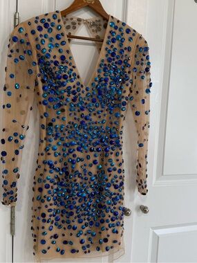Sherri Hill Nude Mini Dress with Blue Gem Embellishments